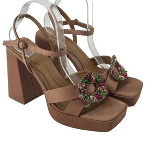 ZARA Rhinestone Embellished Platform Sandal Chunky Heel Sz 41 US 10.5 Tan Satin